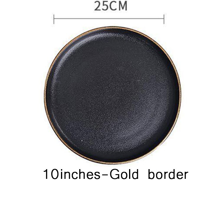 Phnom Penh Ceramic Plate Western Steak Plate Dishes and Plates Sets Black Matte Scratch-resistant Pendulum Fruit Plate Dish: Gold border-10inches