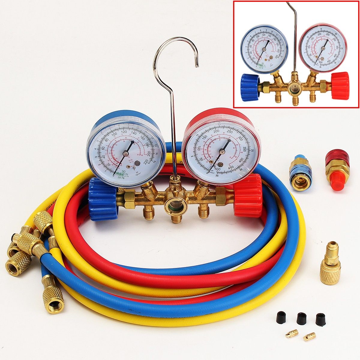 HVAC Manifold Gauge Set A/C Refrigeration Kit for R134A R22 R12 Refrigerant High/Low Quick Coupler Hose Fitting Tool Sets