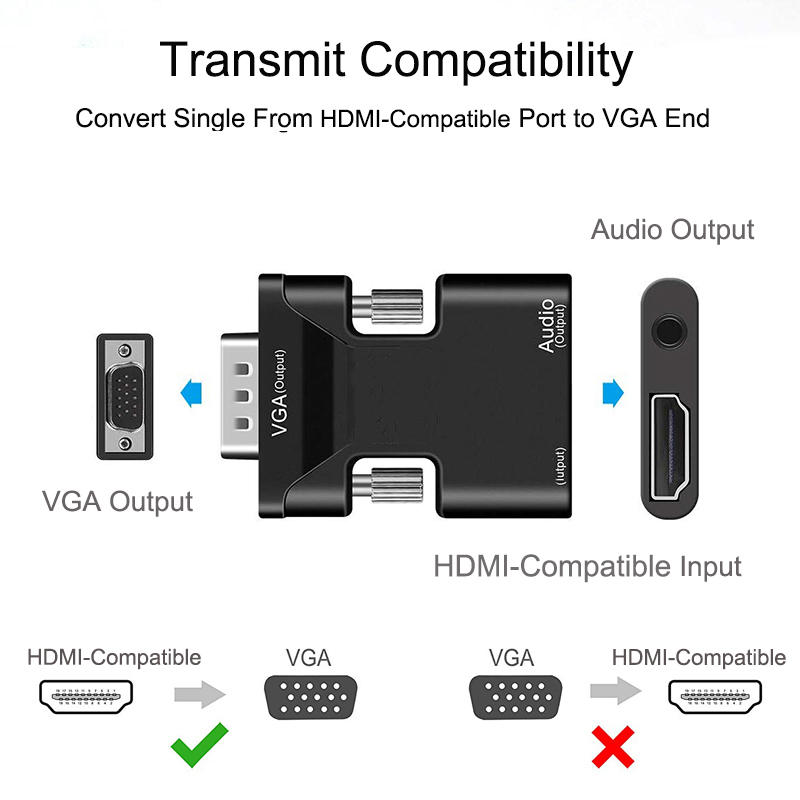 Hdmi-kompatibel till vga-adapter  hd 1080p med 3.5mm ljudkablar för pc, bärbar dator, tv-box, projektor, hdmi-kompatibel till vga-omvandlare