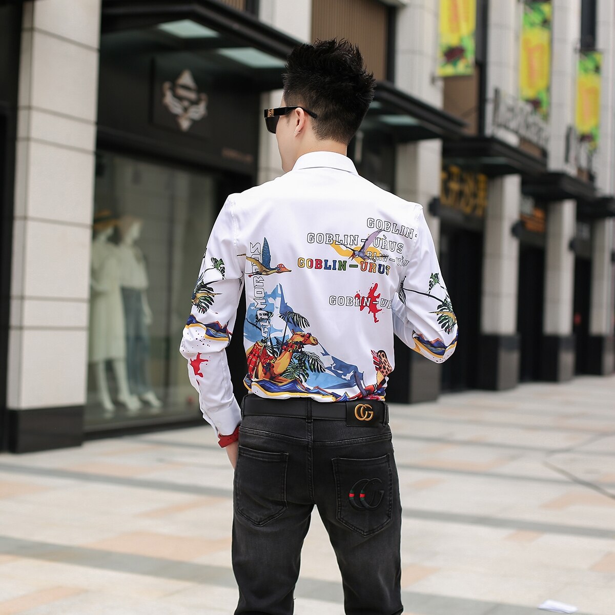 Camisetas con estampado Digital de diamantes de imitación para hombre, camisa de manga larga ajustada informal, ropa de calle para hombre, Tops sociales