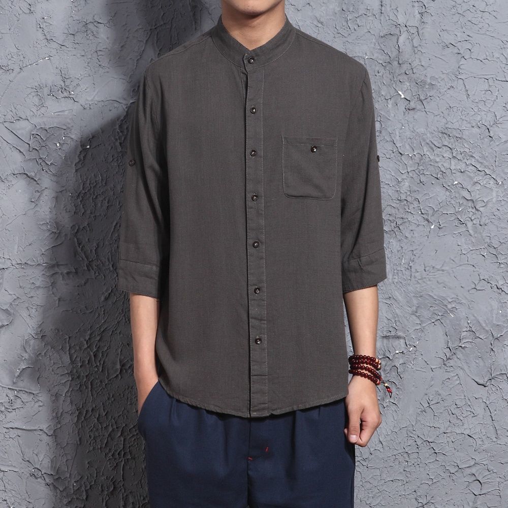 MrGoldenBowl, camisas de algodón y lino de Color liso para hombre, camisas de hombre coreanas de talla grande, blusa de botón informal para hombre, camisas japonesas, Tops 5XL: CangGray / L