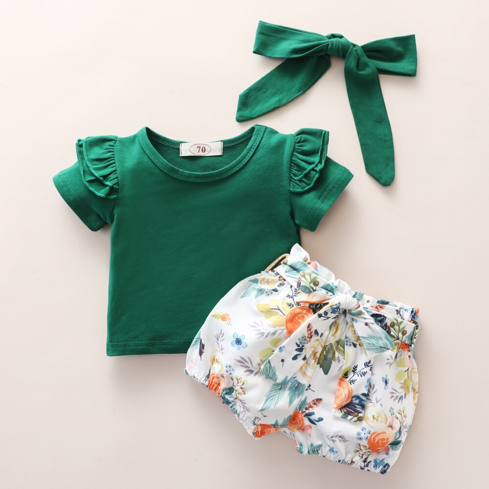 3Pcs Neugeborenen Baby Mädchen Shirt Nette Kleidung Set Body + Hosen Shorts + Turban Outfit Set Kinder Anzug 1-5T Kinder Kleidung: green / 18-24M