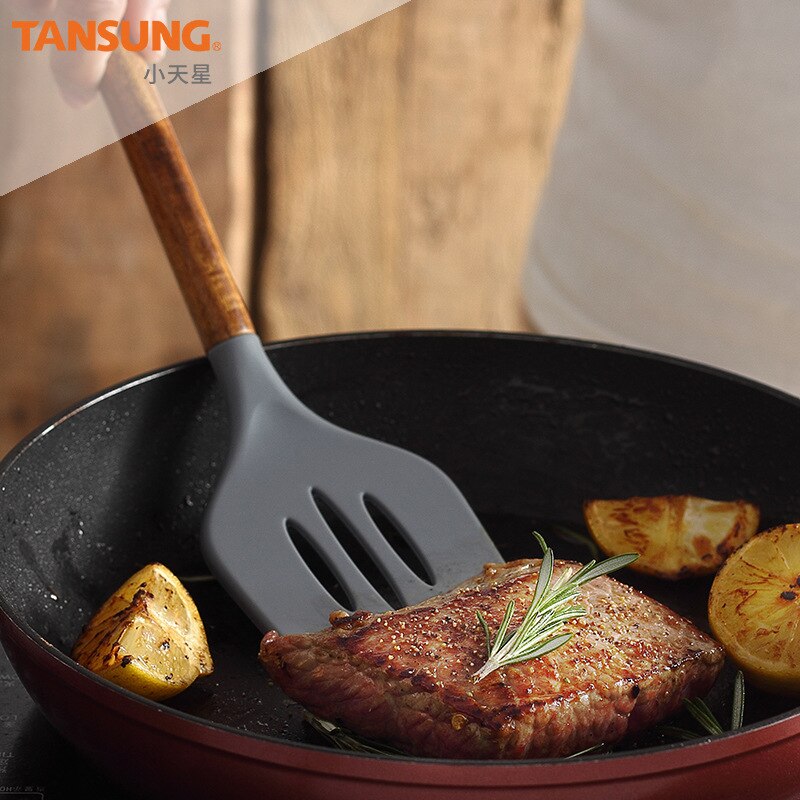 Kitchen Utensils Silica Gel Cooking Spoon Leaky Spoon Acacia Wood Spatula Wooden Handle Silicone Kitchenware Set Spatula