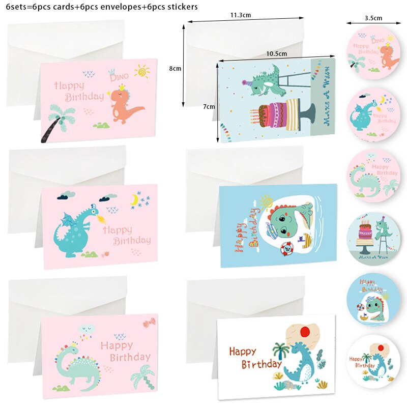 6 Sets Van Gelukkige Verjaardag Opvouwbare Kaart Sets Lege Binnenkant Jongen En Meisje Dinosaurus Party Wenskaarten Met Envelop stickers: Default Title