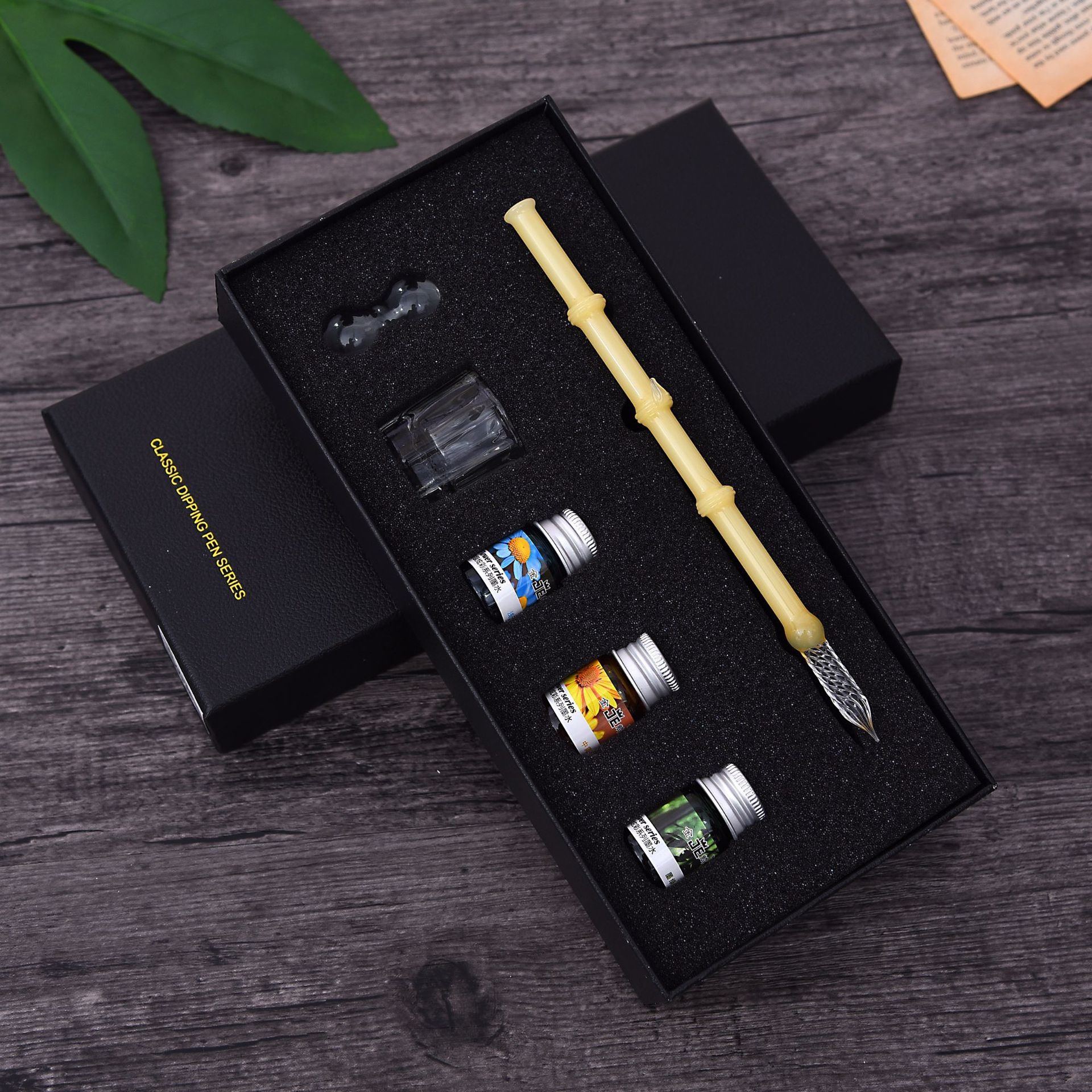 Glass Dip Pen And Ink Set Handmade Dip Pencils Box Glass Dip Pens And Blue Bamboo Style Pens: Yellow