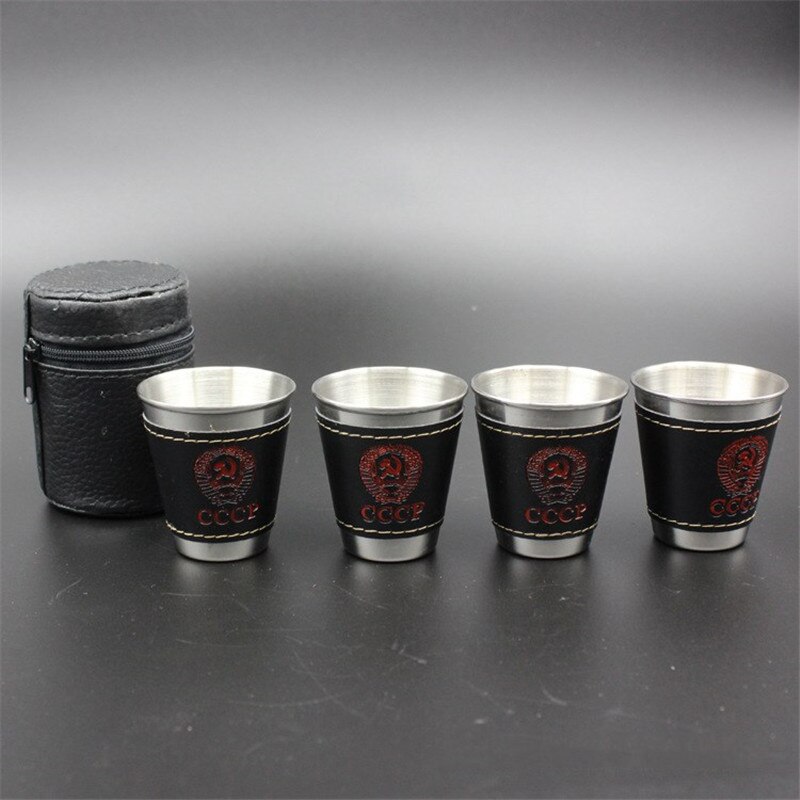 4 Stks/partij 70Ml Travel Cups Set Metalen Bekers Voor Wijn Bier Whiskey Mokken Outdoor Camping Servies Met Zwarte Pu lederen