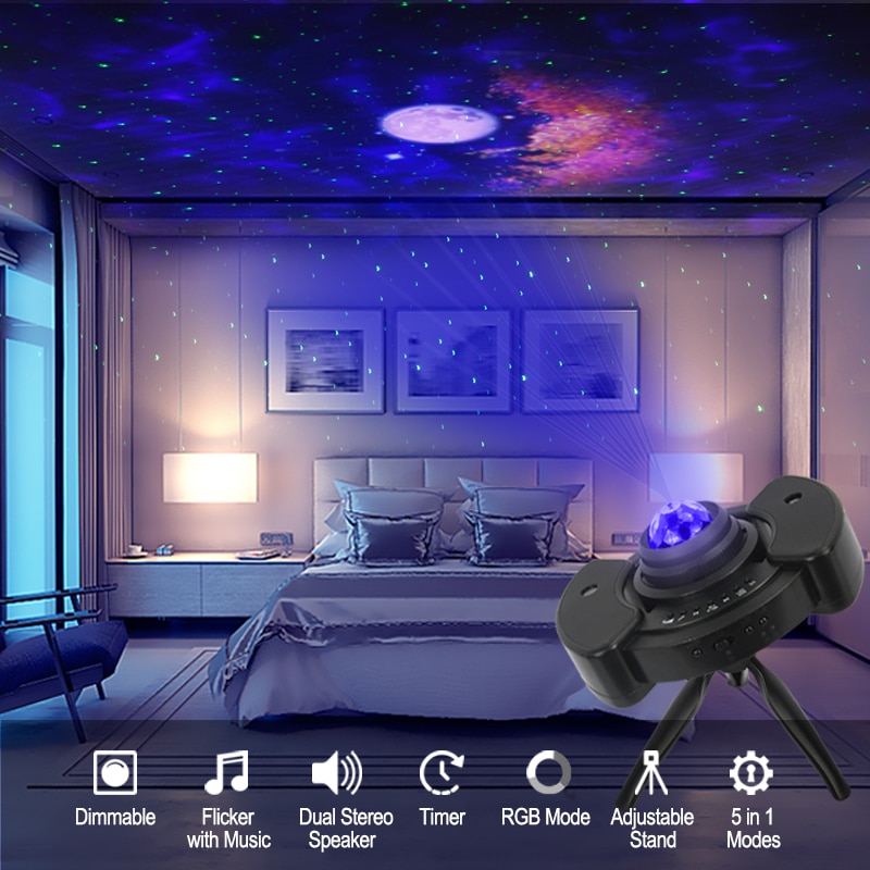 Colorful LED Stary Sky Projector Music Bluetooth Player Star Rotating Cloud Night Light Kids Christmas Bedroom Lamp