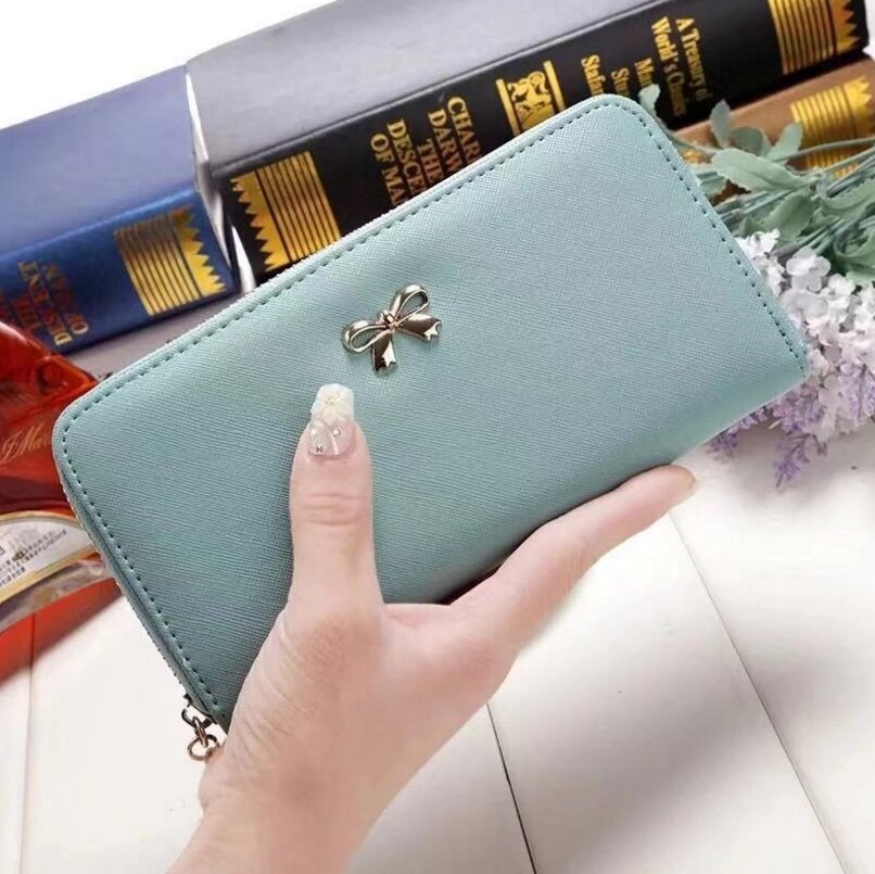 Porte-monnaie en cuir PU, porte-monnaie à grande capacité, solide, Long Style, porte-monnaie carte à glissière avec nœud papillon: Light Green