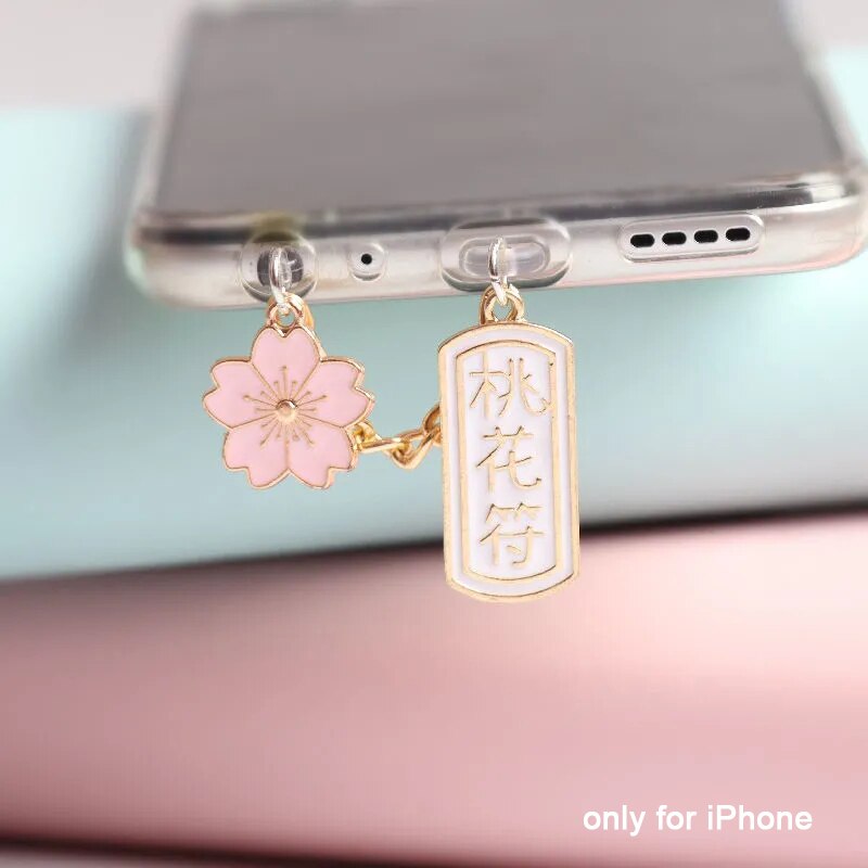 Charging port dust plug charm kawaii cherry aux headphone anti dust plug 3,5mm cute phone headphones jack dust cap for iphone: White set