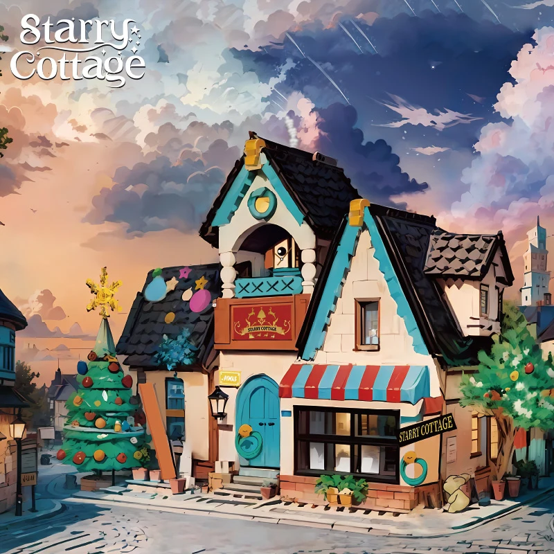 Knieuwe gebouwde creatieve Starry Cottage kerstboomhut bouwstenen speelgoed ideaal kerstcadeau met LED-licht, bouw je eigen droom