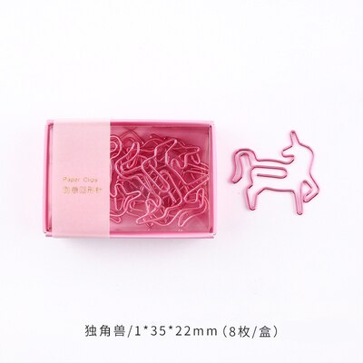 8pcs/box Cute Metal Paper Clips Flamingo Cactus Shaped Cartoon Binder Clip Kawaii Unicorn Planet Bookmark Memo Clips Stationery: 8pcs unicorn