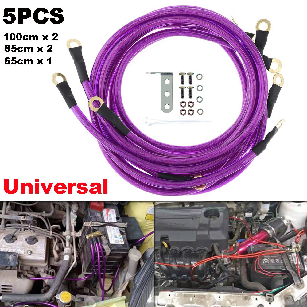 5PCS Purple Universal 5-Point Car High Performance Battery Ground Grounding Earth Cable Wire Improve Power System