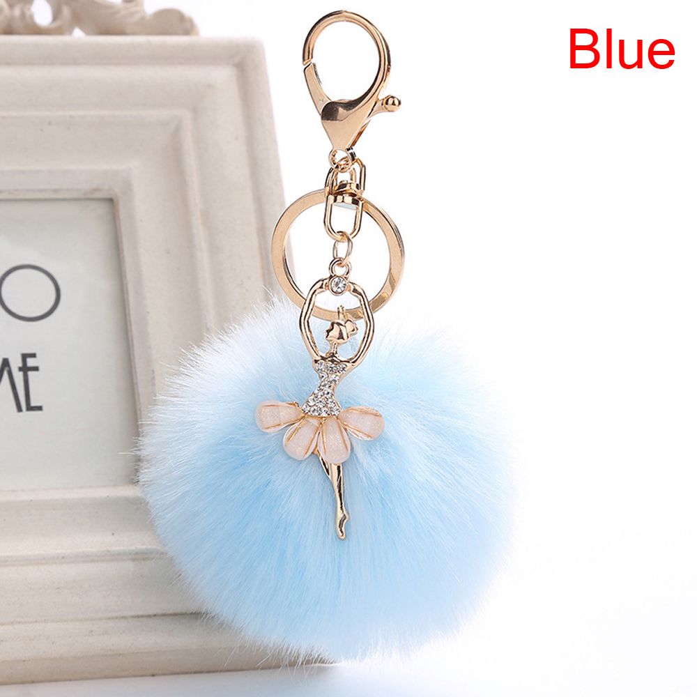 Cute Faux Rabbit Fur Key Ring Fluffy Ballet Girl Car Keychain Key Chain Women Bag Keys Accessories: Blue