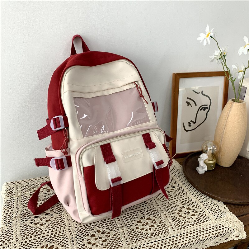 Mochila de Nylon impermeable de gran capacidad para mujer, bolso de viaje coreano para chica joven, bolsillo transparente, mochila escolar con hebilla de inserción, novedad de: red / With rabbit and calf
