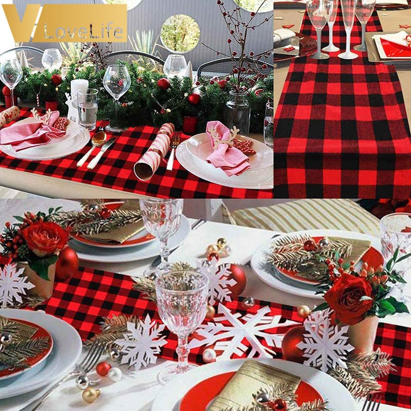 Christmas Buffalo Plaid & Burlap Table Runner Year Themed Party Decoration Burlap Table Runner