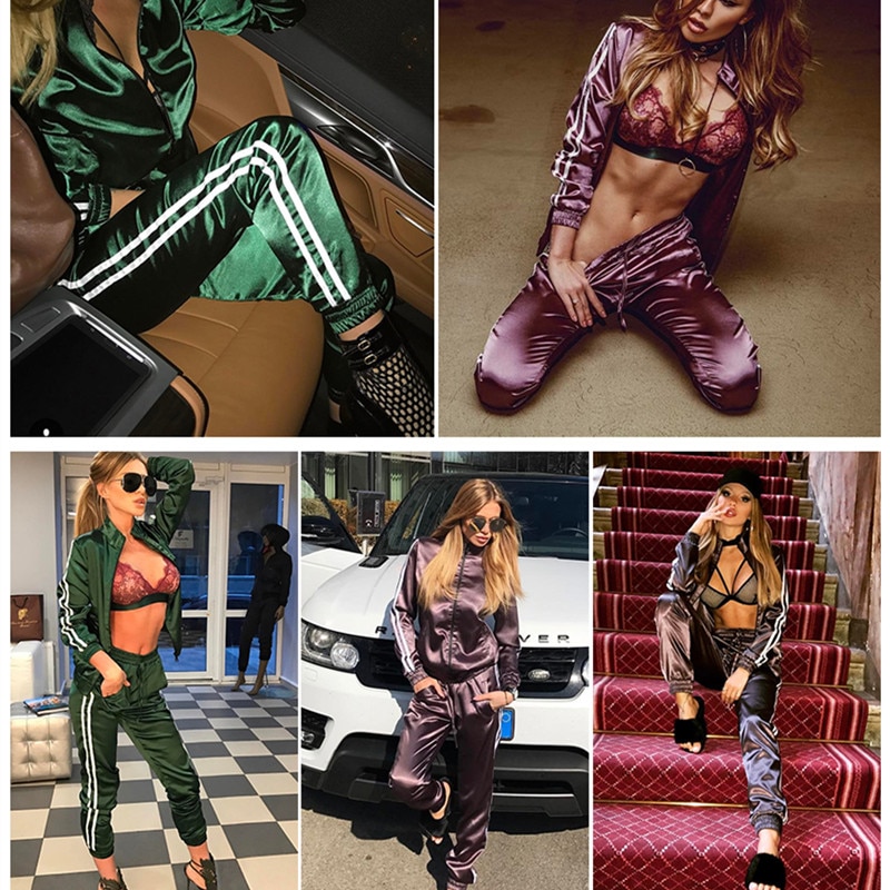 Satin two piece set tracksuit for women top and pants set spring womens casual sweat suits fitness outfits AC-94