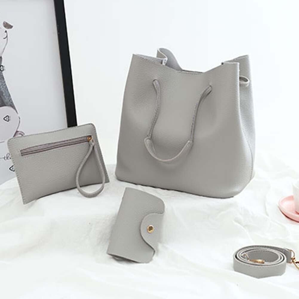 4 Uds conjunto monederos y bolsos de mano de cuero de la PU de rayas bolsos de hombro para las mujeres de mango superior bolsas mujer hombro Bagr embrague: Light Gray