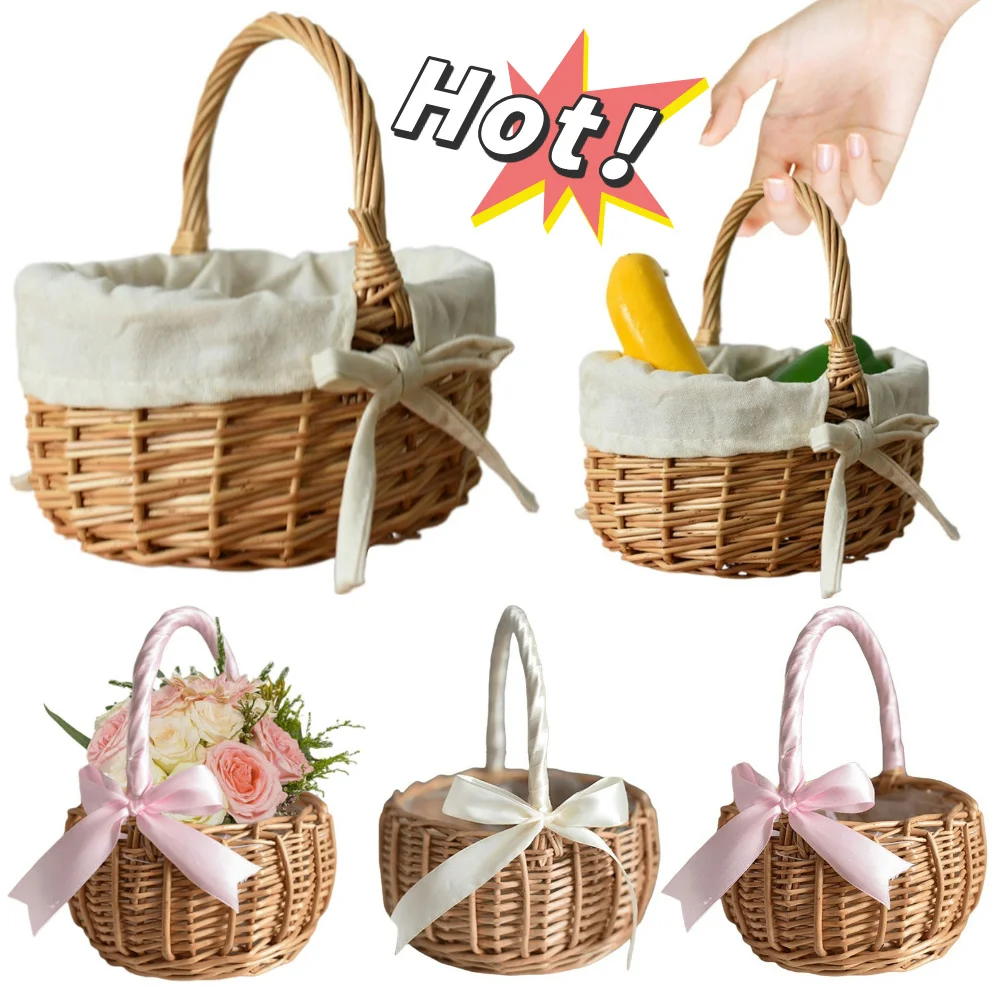 Hand-Woven Wicker Basket with Handle Wicker Sundries Basket Willow Flower Baskets Storage Baskets for Storage Clutter Organizing