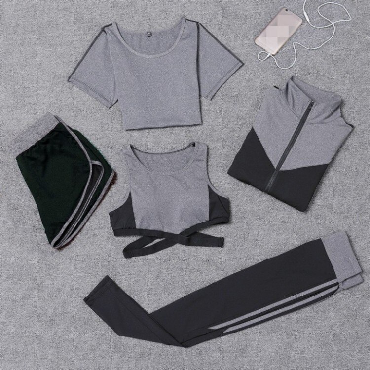 5pcs Training Womens Tracksuits Breathable Gym Wear Elastic Slim Quick Dry Compression Suit Outdoor Fitness Woman Sport Clothes: Grey / asia size M
