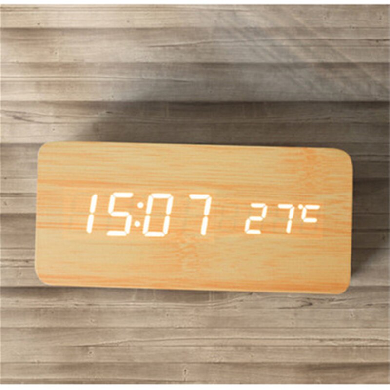 Lille firkantet digital træ led vækkeur træ retro glød ur skrivebord bord indretning stemmestyring snooze funktion despertador: -en