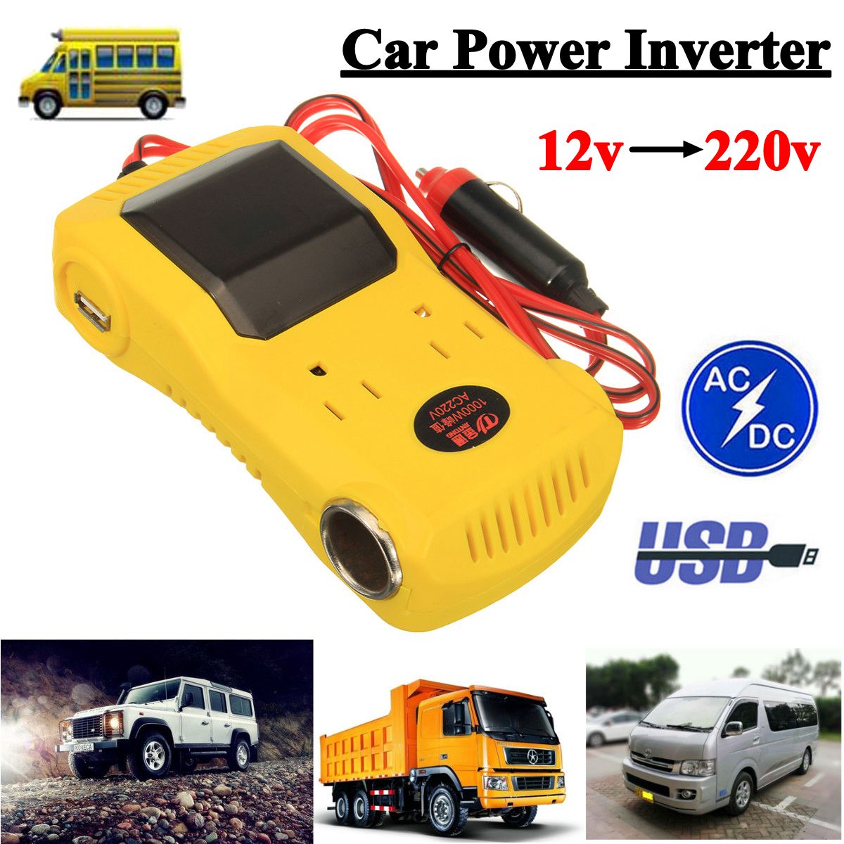1000 W Auto Power Inverter 12 V DC Naar 220 V AC Converter Lcd Dual USB