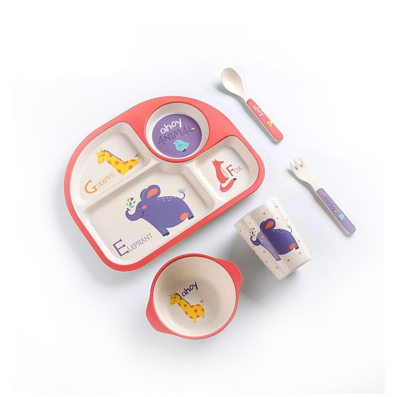 5pc /  set baby mattallrik ätbar bambu fiber utskrift barn servis set hög temperatur resistent baby tallrik