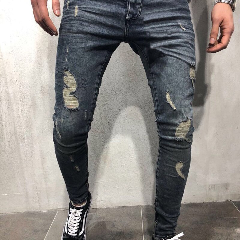 Herre seje mærke pencil jeans skinny ripped ødelagt stretch slim fit hop hop bukser med huller til mænd