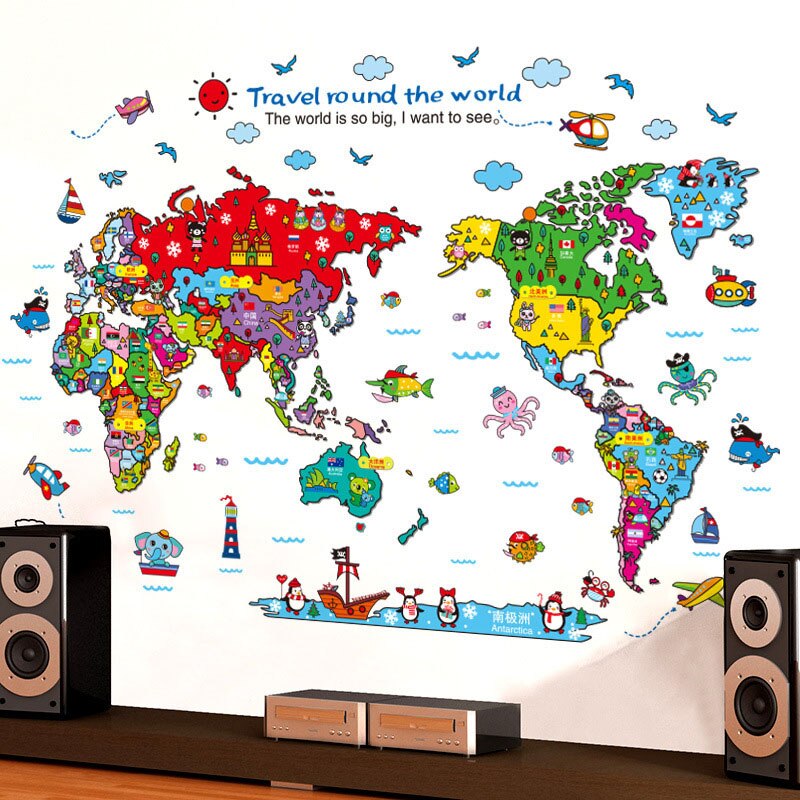 Cartoon world travel map wall sticker PVC material DIY wall decals For Living room sofa background kids room wall decor stickers