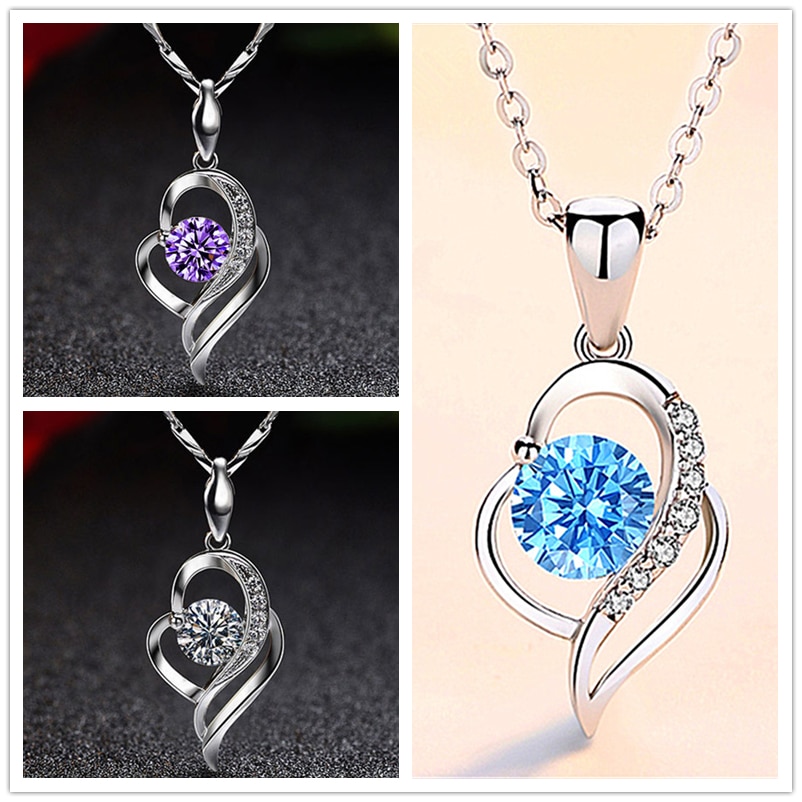 TJP 925 Silver Choker Necklace For Girl Bijou Top Crystal Heart Purple Women Pendants Necklace Accessories