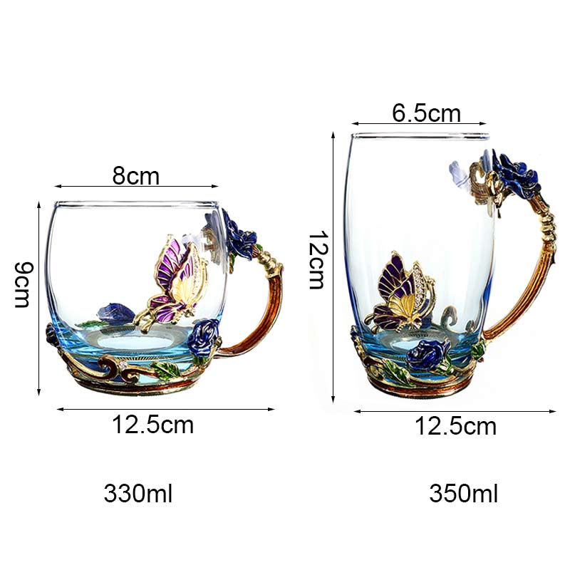 350ml emalj 3d fjärilsros kaffekopp värmebeständig blomma te glas kopp sked set dricksglas bröllop