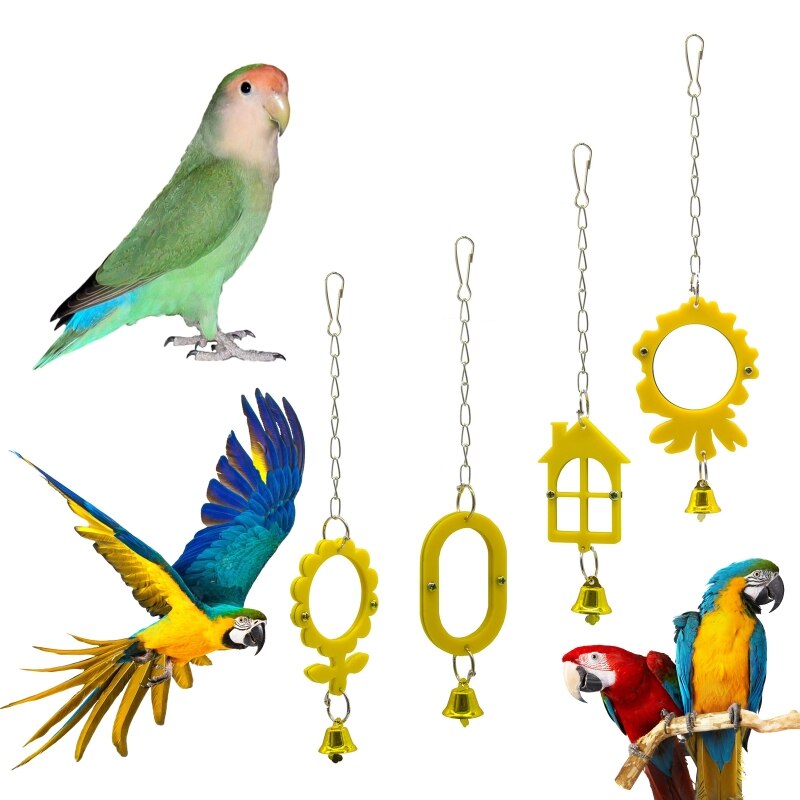 H7EA Vogel Spiegels Voor Kooi Acryl Spiegel Met Bel Plastic Rand Metalen Opknoping Lus Houden Vogels Bezet En Actief