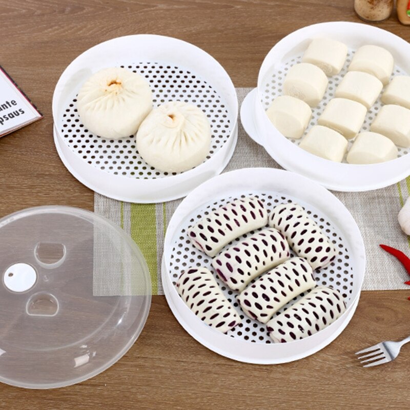 Caja redonda de vapor de alimentos de un solo/doble nivel con tapa para horno microondas, utensilios de cocina para verduras, utensilios de cocina de pescado, plástico ambiental 28GF