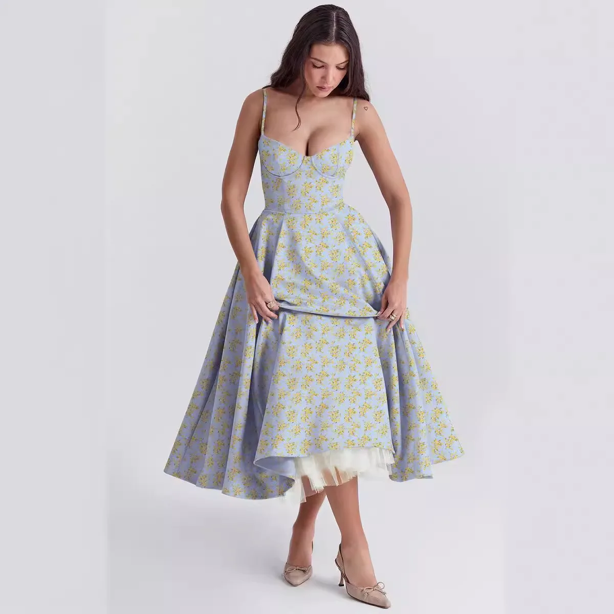 Women's A-Line Spaghetti Strap Mid-Calf Dress European And American Style Double-Layer Mesh Suspender Dress