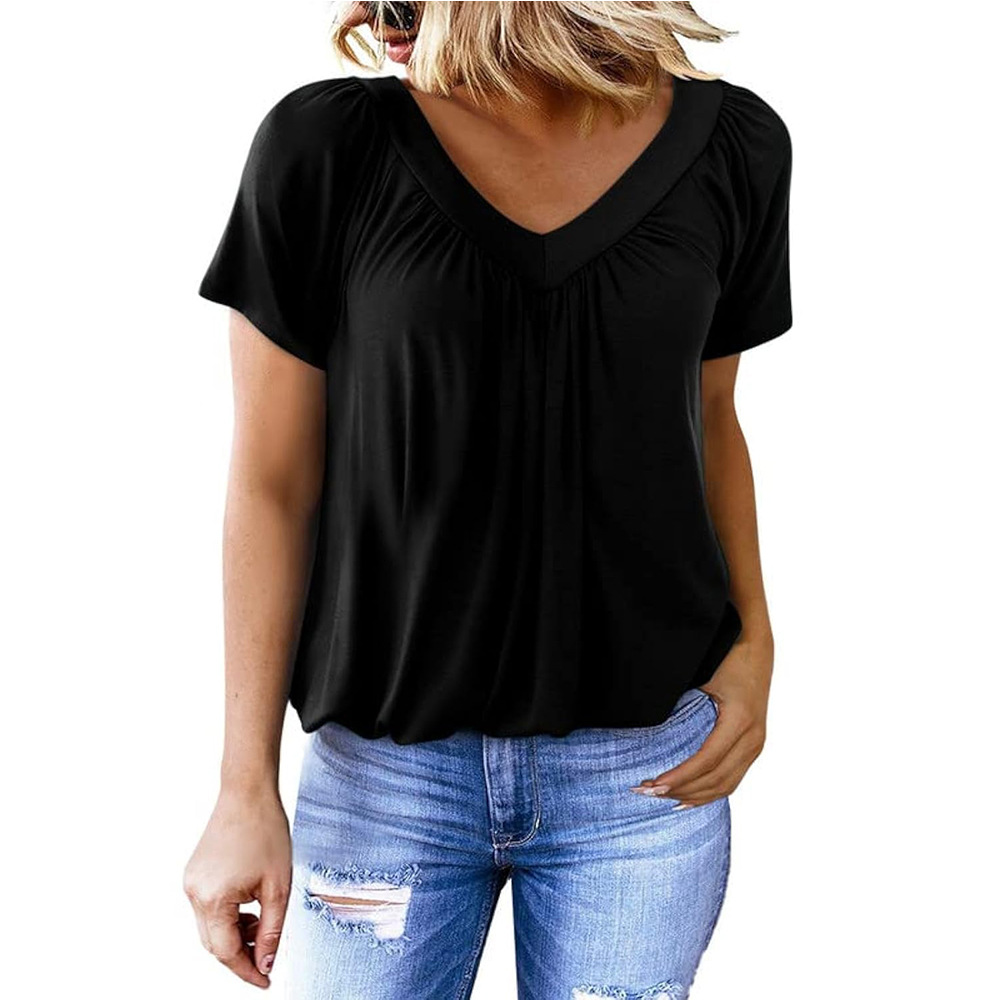 Summer TK Women's V-neck Folded Loose Short Sleeve Solid Color T-shirt Women's Top Comfortable, Casual and Versatile: XXL / black
