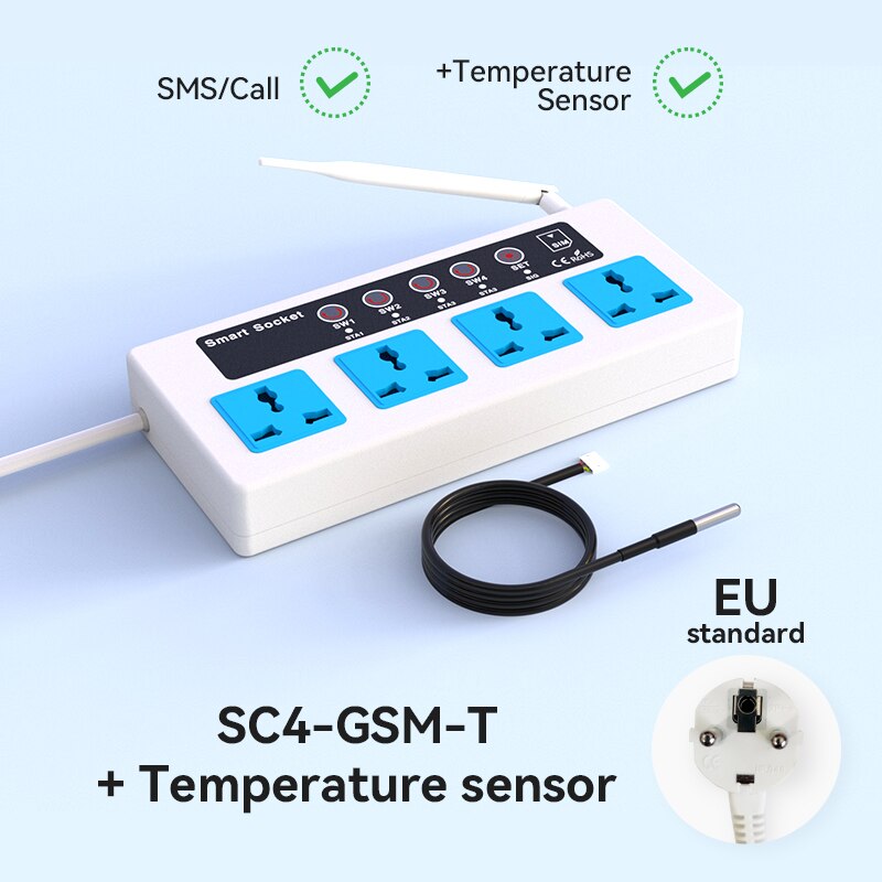 Gsm sms draadloze afstandsbediening slimme schakelaar stekkerdoos jack controller 4 -kanaals relais met temperatuursensor: Eu met sensor