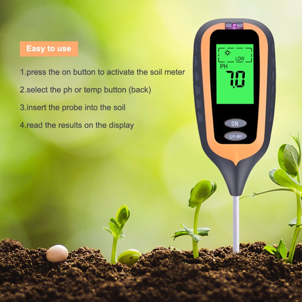 4 IN 1 Digital Soil Moisture Meter PH Meter Temperature Sunlight Tester for Garden Farm Lawn Plant with LCD Displayer