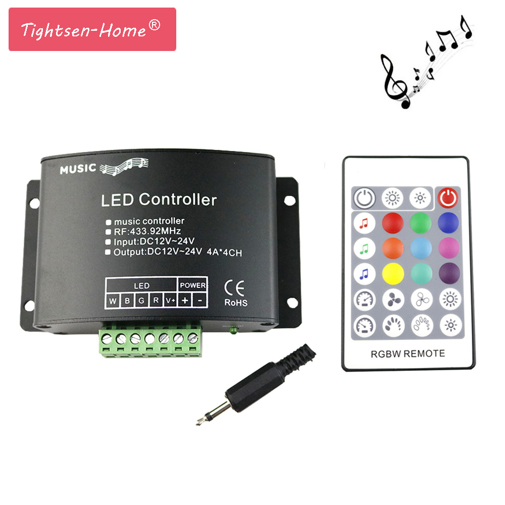 RGBW Music LED Controller DC12V-24V 4A*4CH 24 Keys RF Remote Sound Sensor Voice Audio Control For 3528 5050 RGBW LED Strip Light