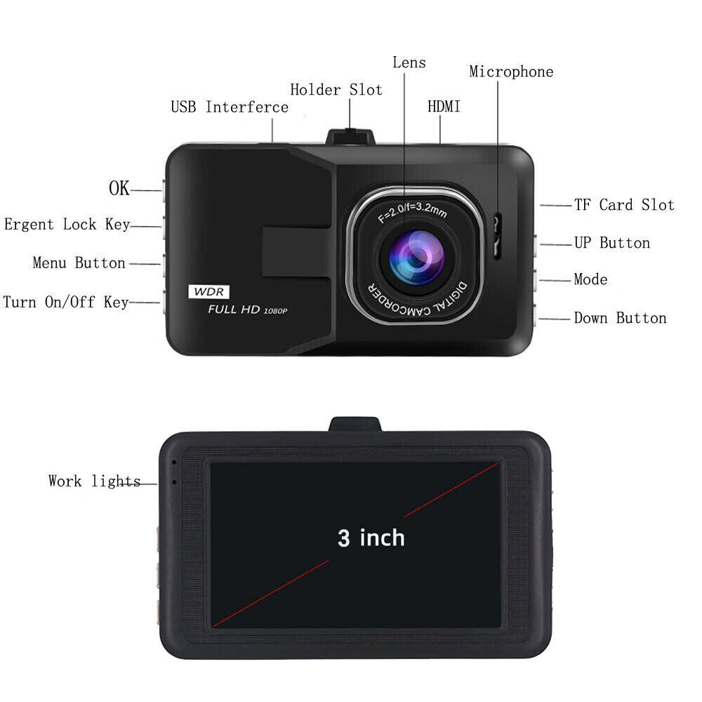 Voiture Dash caméra DVR | Full HD 1080P 3 "LCD avec capteur G Vision nocturne, conduite vidéo automobile, enregistreur caméra