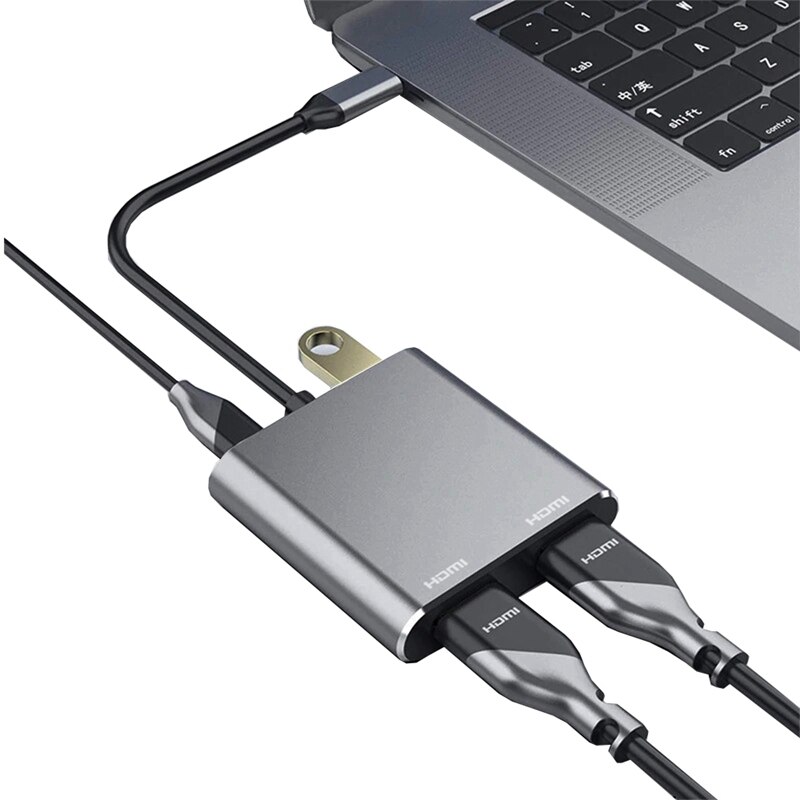 4 in 1 usb c naar hdmi-adapter 4k type c naar dubbele hdmi usb 3.0 pd- oplaadhub voor pc, laptop, mac os, linux usb c-apparaat