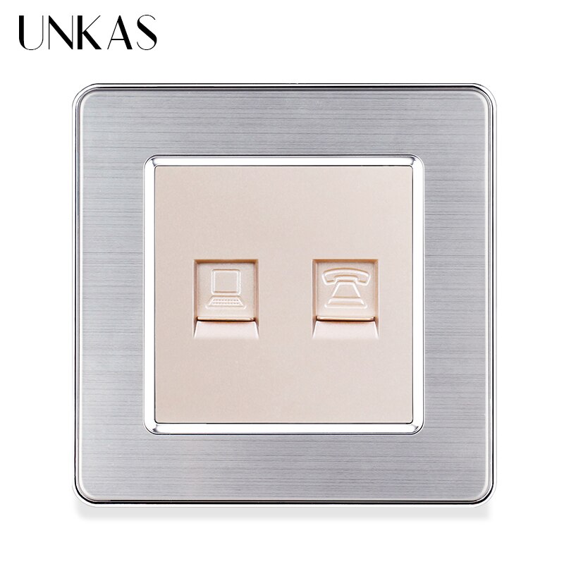 UNKAS Luxury Stainless Steel Panel RJ11 Telephone Jack With Rj45 Internet Computer Port Wall Socket 86MM * 86MM Outlet: Gold
