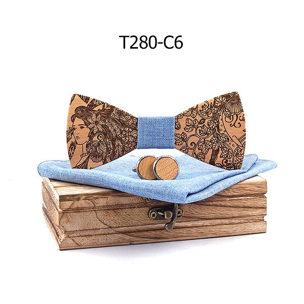 Original bowtie naturlig træ butterfly udsøgt håndlavet mænd butterfly manchetknapper trækasse sæt: T280-c6