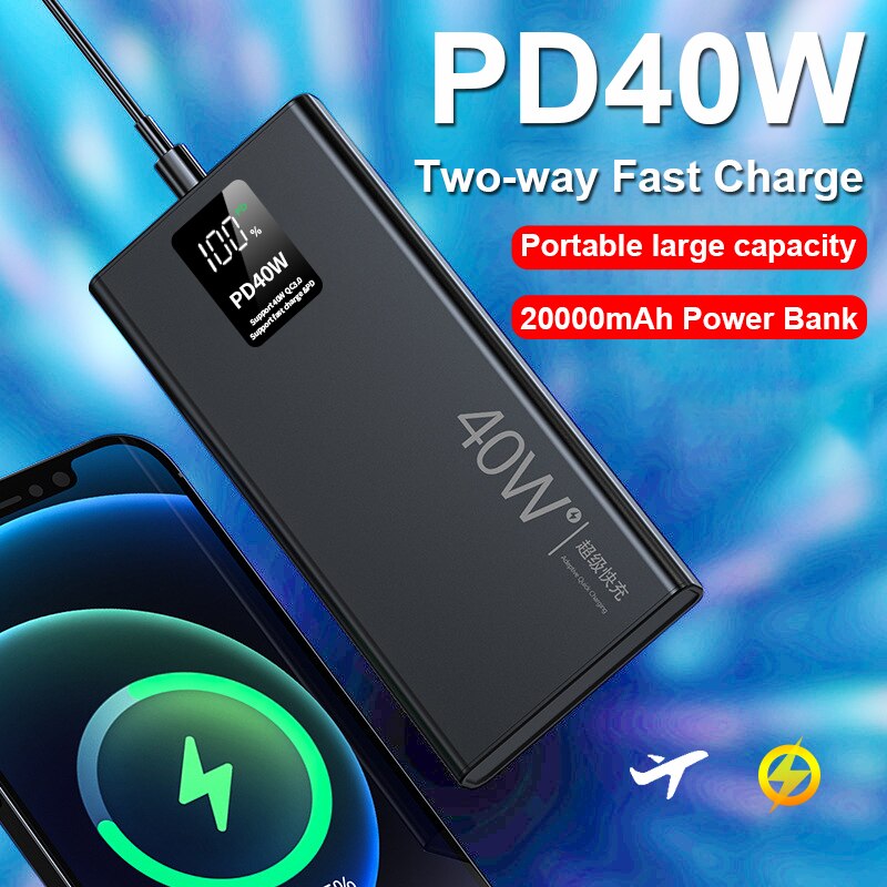 40W Fast Charging Power Bank 20000mAh Portable Digital Display External Battery Built in Cables with Flashlight for iphone Xiaom