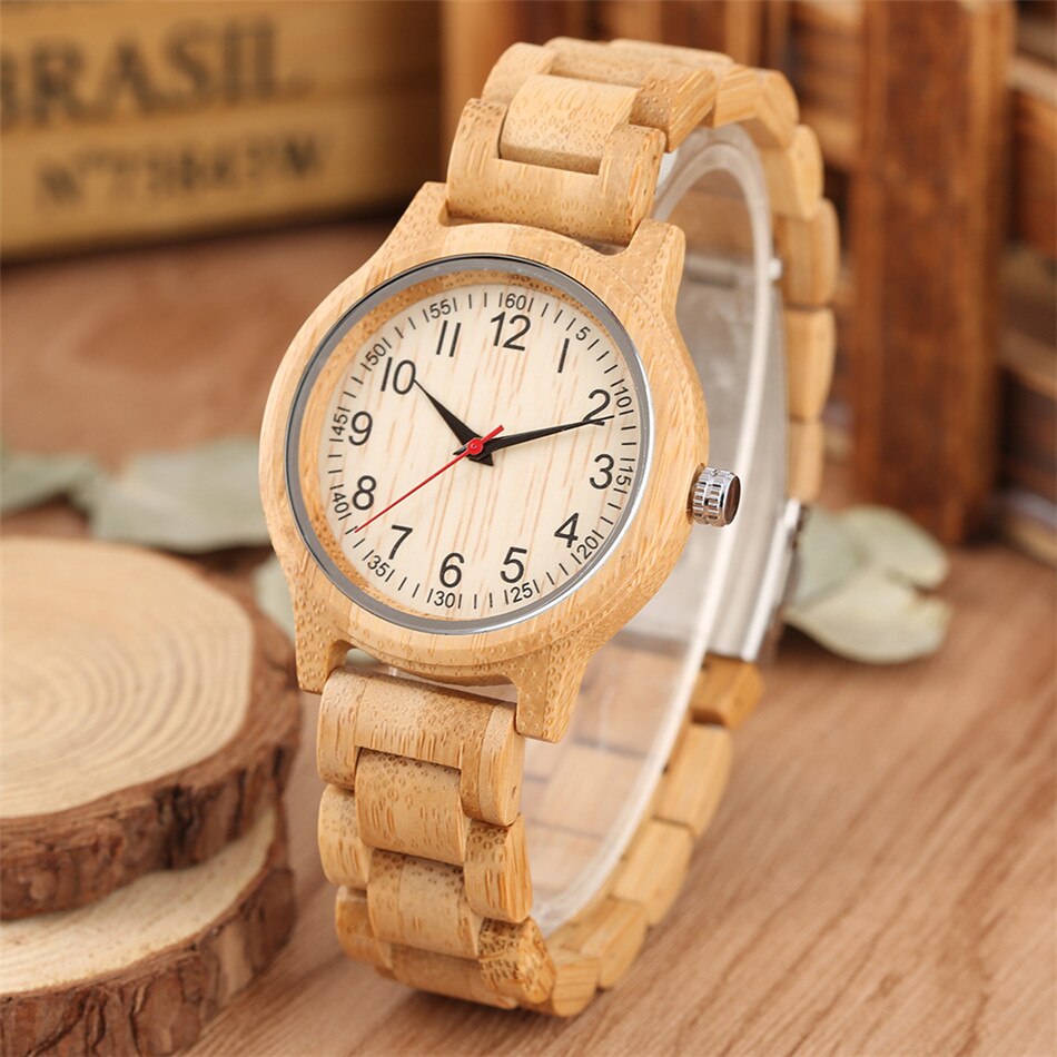Arabic Numerals Bamboo Wood Lady Bracelet Watch Quartz Wristwatch Full Wooden Wristband Women&#39;s Casual Watch Red Seconds Hands