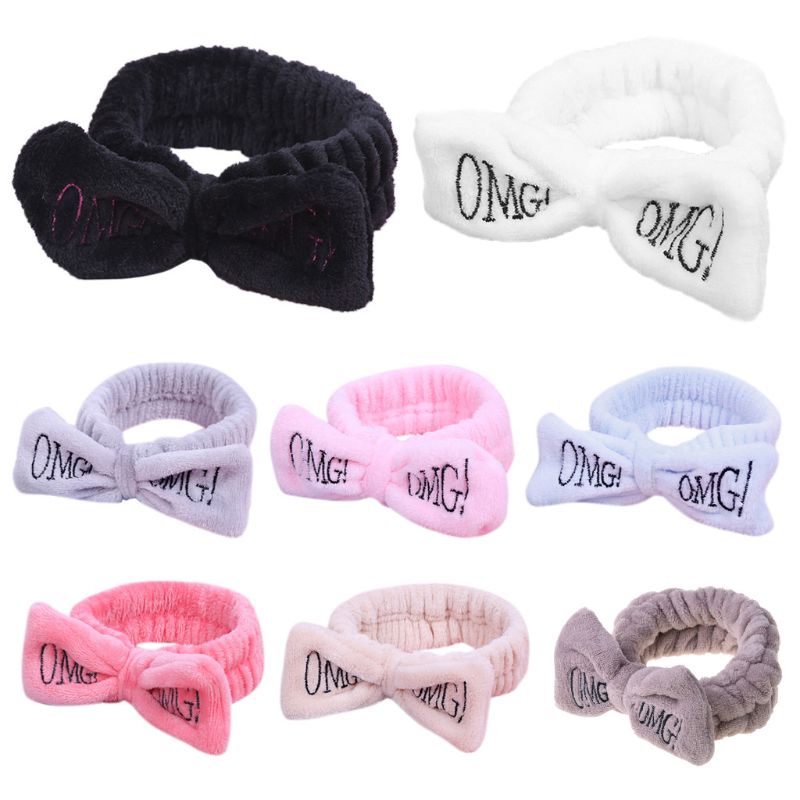 Vrouwen Meisjes Spa Brede Hoofdband Leuke Strik Omg Brieven Geborduurde Haarband Elastische Make Flanel Tulband Snoep Kleur Handdoek