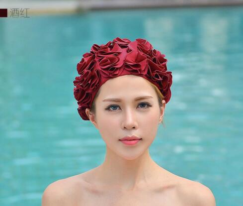 Kvinder damer vintage stil blomsterblomst voksen badehætte fri størrelse elastisk svømme badehue hårbeskyttelse: Rødvin