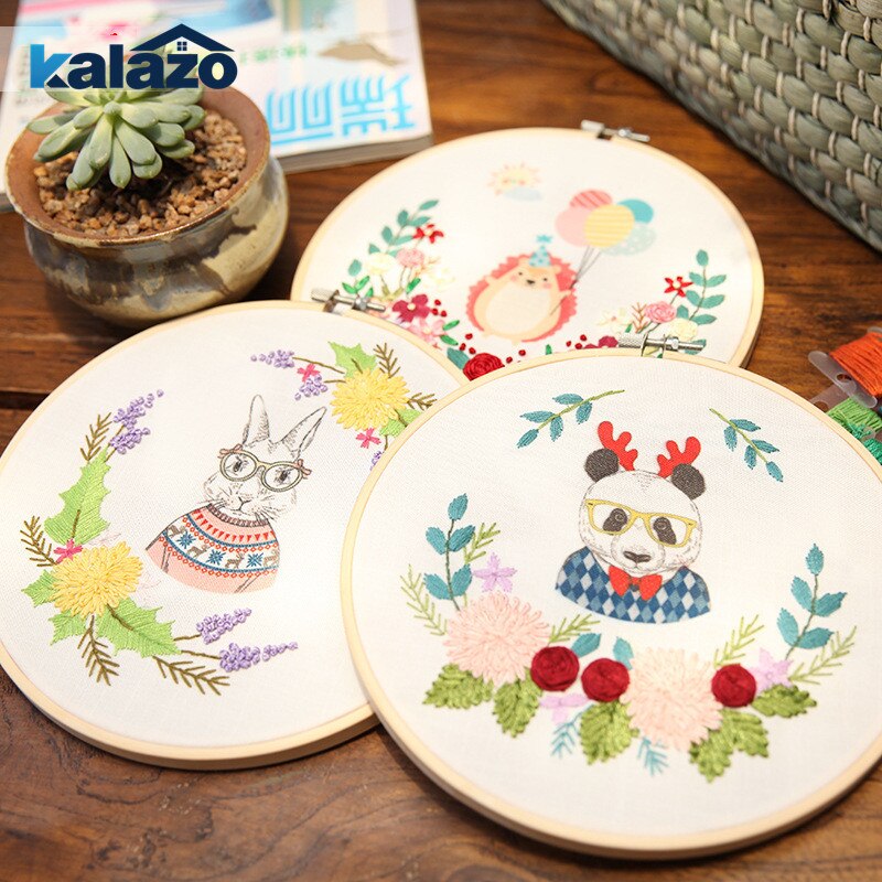 1 sett håndlaget broderisett til nybegynnere, nybegynnere å lage broderi blomstermateriale pakke tegneseriedyr med ramme hjemmeinnredning