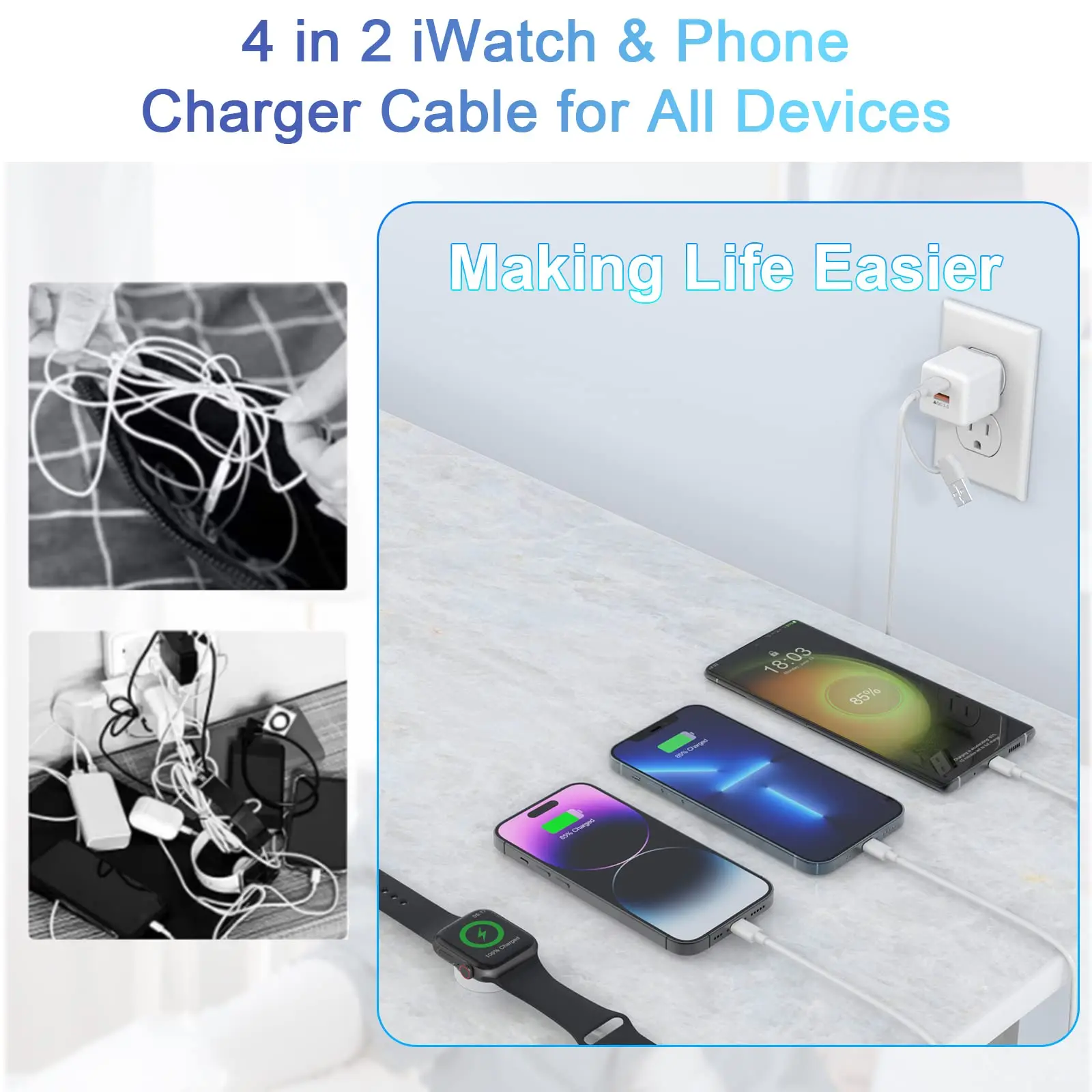 Cable de datos de carga Usb 4 en 2 para Iphone, cargador de reloj, Iphone, Cable magnético Iwatch tipo C, Cable de carga rápida de