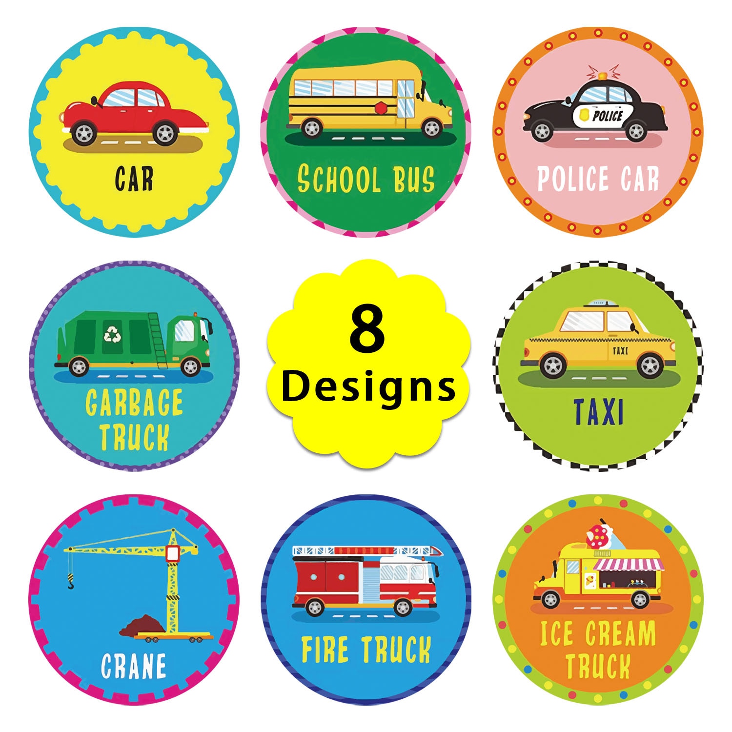 500PCS/Roll Truck Stickers for Kids Reward Stickers School Bus Car 8 Designs Birthday Party for Student Children Car Toy Decor