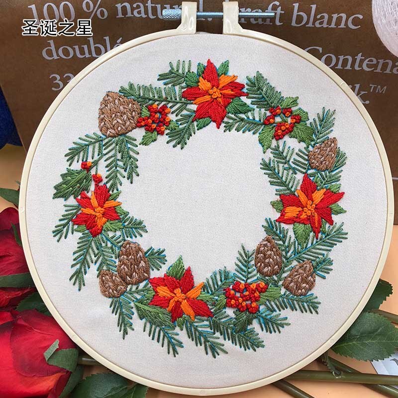 Embroidery Kits Holding Flowers Embroidery Shed Sewing Kit Xmas Wreath Style With Embroidery Hoop Beginner Hand-stitched Decor: 2