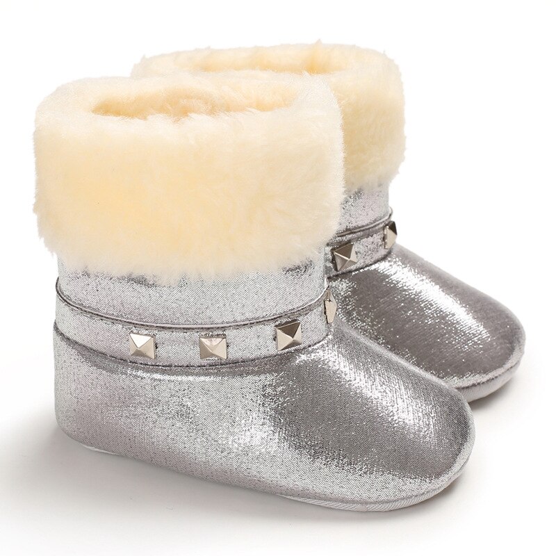 Winter Warm Houden Baby Meisjes Zachte Booties Pluche Baby Anti Slip Snowboots Schoenen Pu Leer Platte Peuter Non-slip Baby Schoenen: B219-silver / 13-18 months